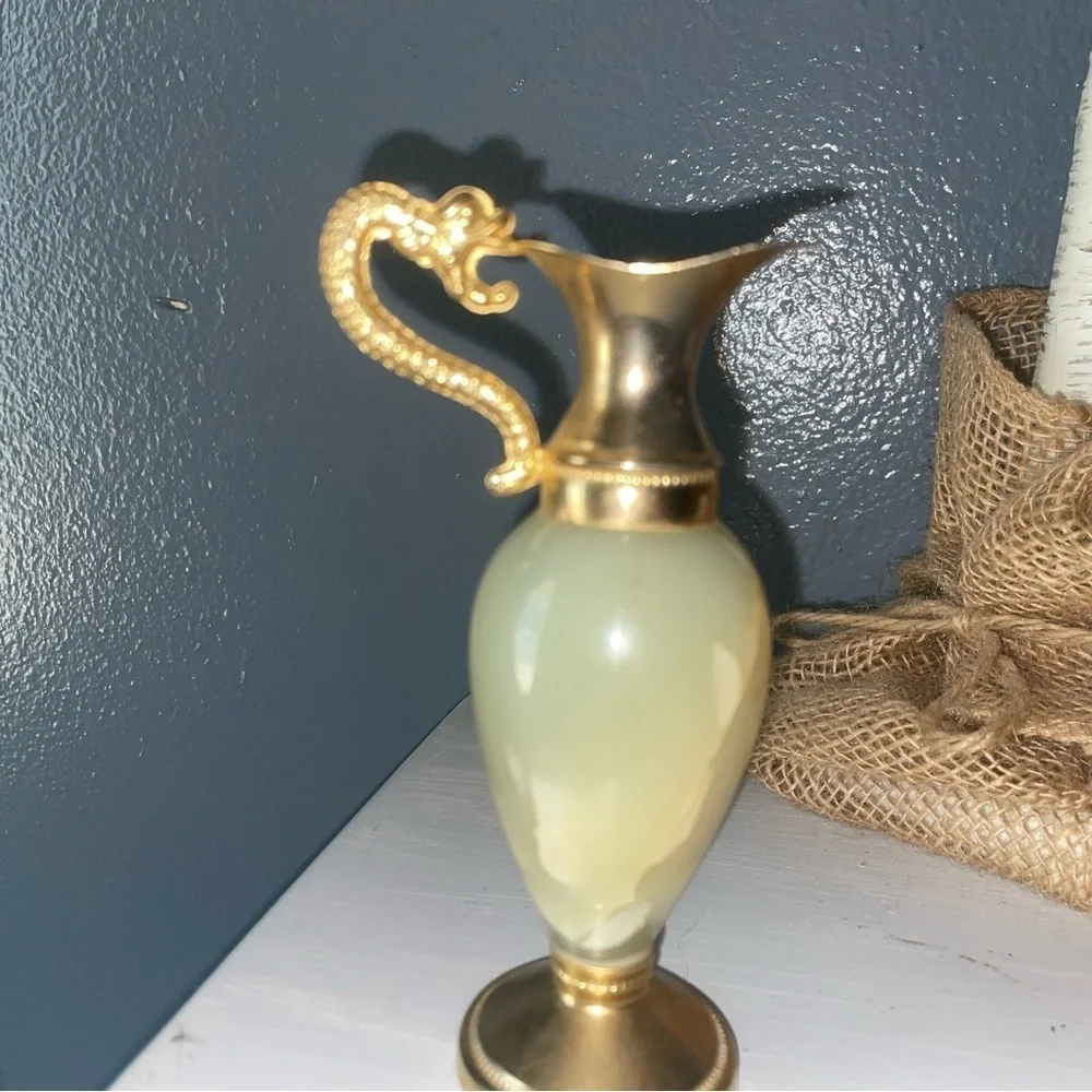 Vintage 1980 Chiseled Brass Onyx Dragon Handle Ewers Cambodia Pitcher Vase Gift - Picture 10 of 10